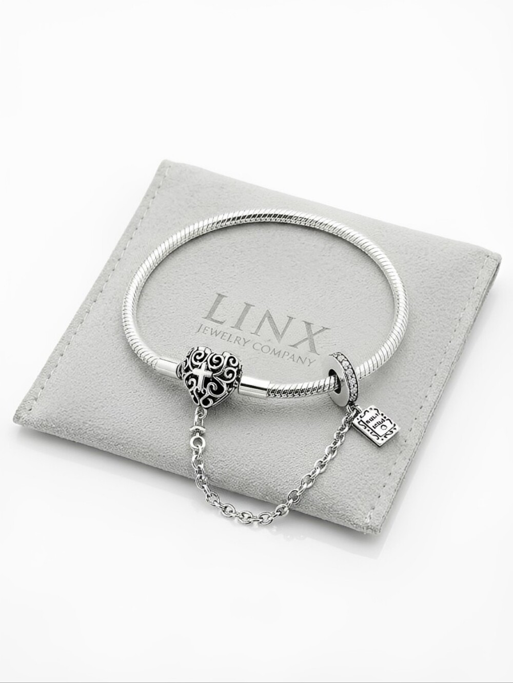 Linx Snake Chain Charm Bracelet with Heart Cross Clasp & Holy Bible Safety Chain
